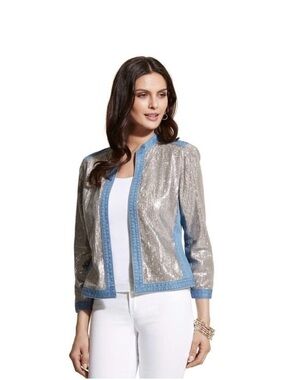 Chico’s Women’s Silver Sequin Trim Light Blue Denim Jacket